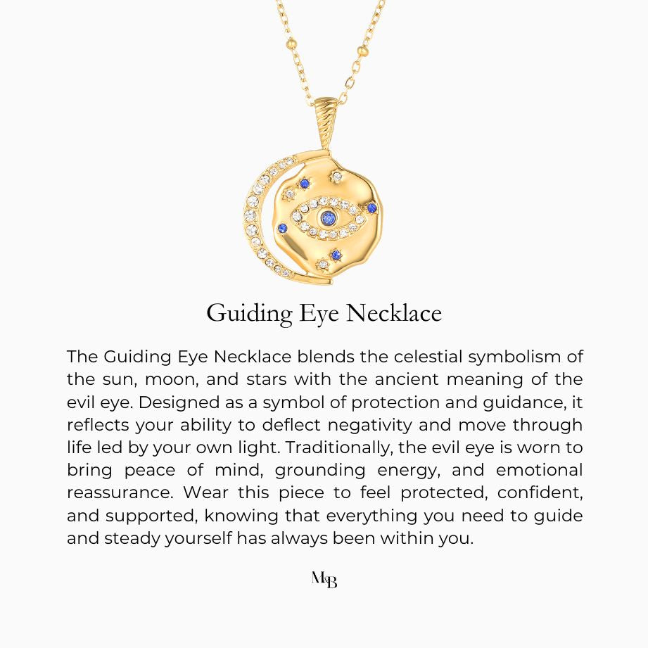 Guiding Eye Necklace story description printed on a white card. This is the card that comes enclosed with the necklace. It explains the story and symbolism of the necklace. 