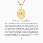 Evil Eye Oval Necklace story description printed on a white card. This is the card that comes enclosed with the necklace. It explains the story and symbolism of the necklace. 