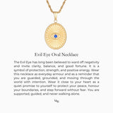 Evil Eye Oval Necklace story description printed on a white card. This is the card that comes enclosed with the necklace. It explains the story and symbolism of the necklace. 