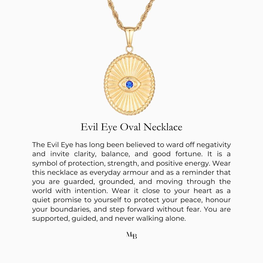 Evil Eye Oval Necklace story description printed on a white card. This is the card that comes enclosed with the necklace. It explains the story and symbolism of the necklace. 