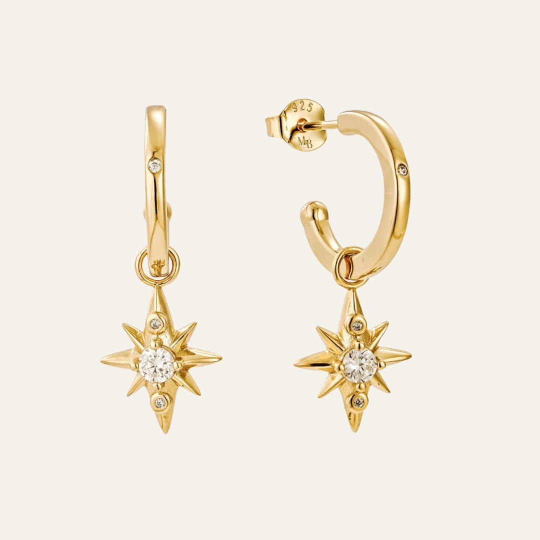 designed in house by mettle and bloom, the star drop earrings are a hoop earring with a star suspended from it. 