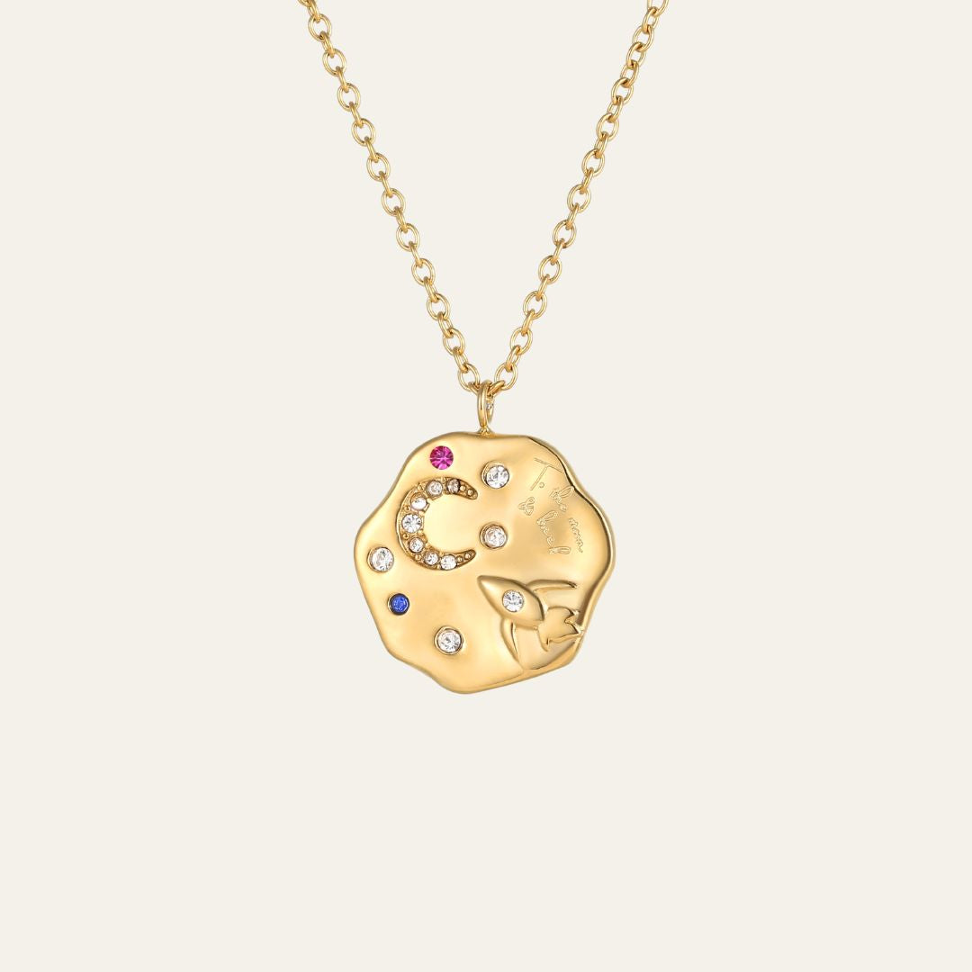 gold necklace rich in meaning. this is the i love you to the moon and back necklace